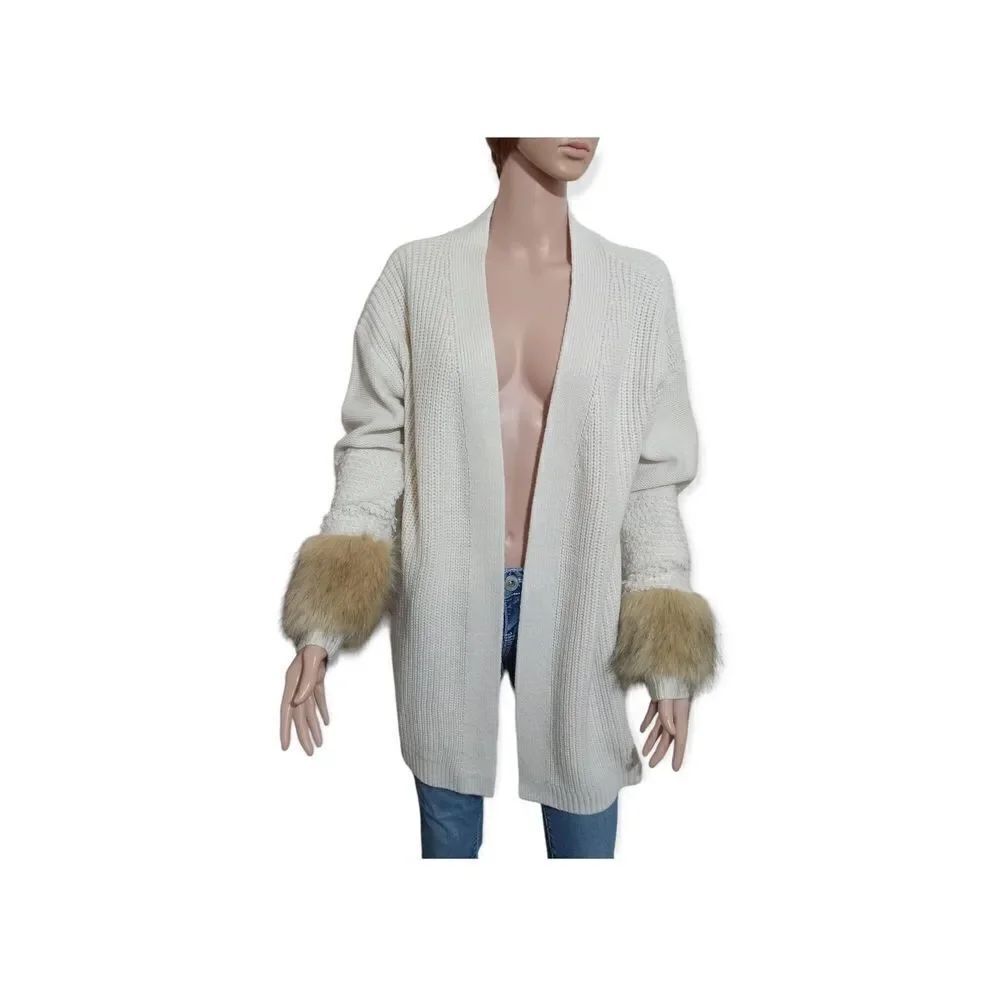 Est. 1946 Beige Faux Fur Sleeve Hem Open Cardigan Size: L